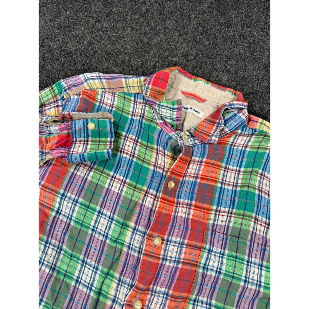 Tommy Bahama Mens XXL Madras Plaid Linen Blend Button Up Shirt Multicolor